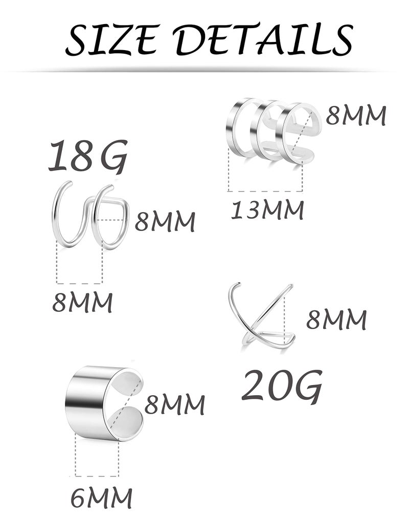 Tornito 4-10 Pairs Stainless Steel Ear Cuff Helix Cartilage Clip On Wrap Earrings Fake Nose Ring Non-Piercing Adjustable (A4: 4 Pairs, Silver Tone) - Image 4